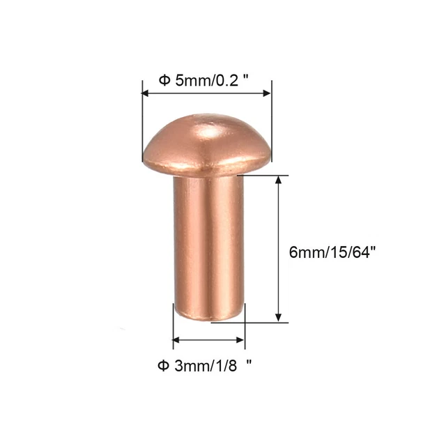 100Pcs 1/8poucesx 15/64" Tête ronde Cuivre Solide Rivets Attaches 2