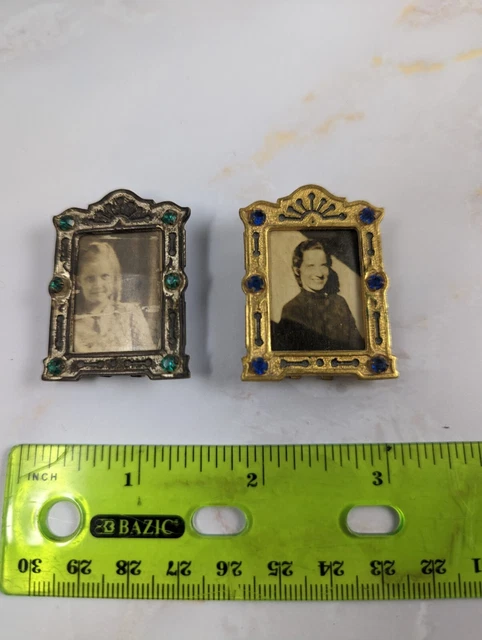 Set of 2 Vintage Miniature Small Jeweled Picture Frame w/Photos