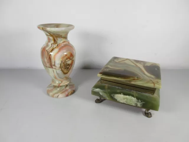 Marble Onyx Style Bud Vase and Footed Jewellery Box Good Condition For Charity