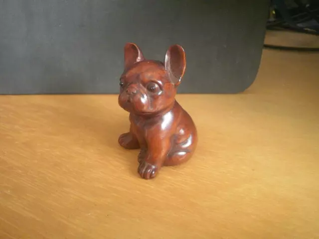 1a.. Hand Carved wood netsuke French bulldog sitting collectable boxwood figure