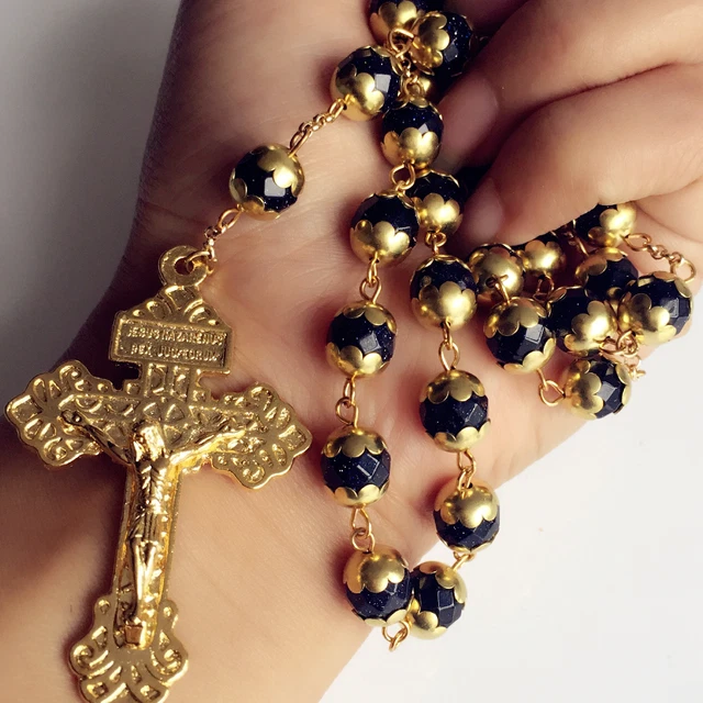 GOLD BLUE JADE PRAYER BEADS ROSARY ITALY CROSS CRUCIFIX Catholic Necklace Box