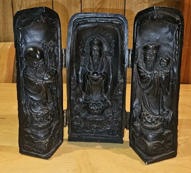 Vintage Oriental Carved Resin Folding Shrine Triptych Icon Statue cm High