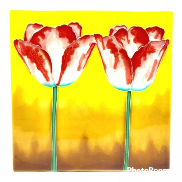 Red Tulips Art Pottery Tube Lined Ceramic Tile Hand Painted Crafted Yellow 8 in