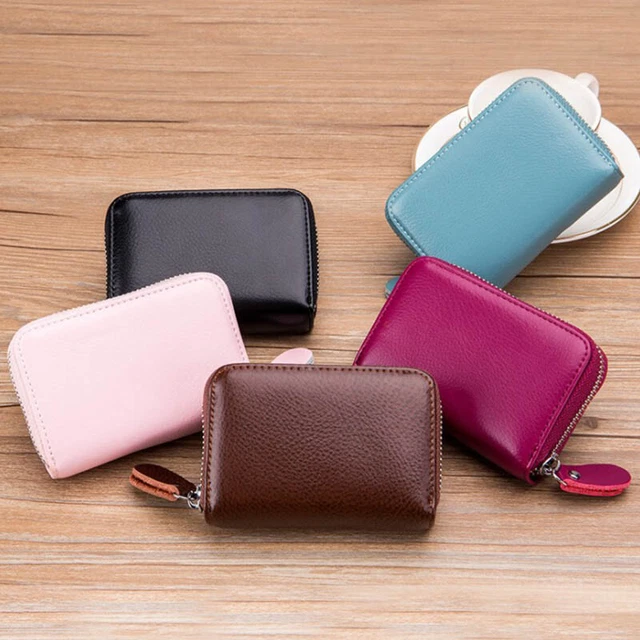 Genuine Leather Men Wallet Credit Card Holder RFID Blocking Zipper Pocket Thin 12