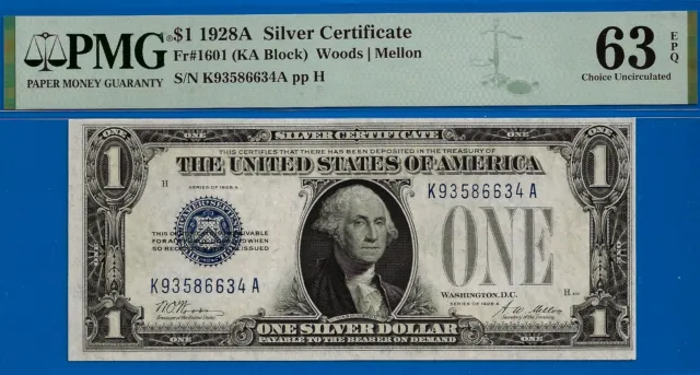 FR-1601 ✅ 1928-A $1 S/C (( Blue Seal 🔴 KA Block )) PMG 63EPQ # K93586634A