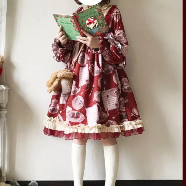 Lolita Donna Ragazza Abito Ruffles Dolce Manica Lunga Midi Giapponese Rétro