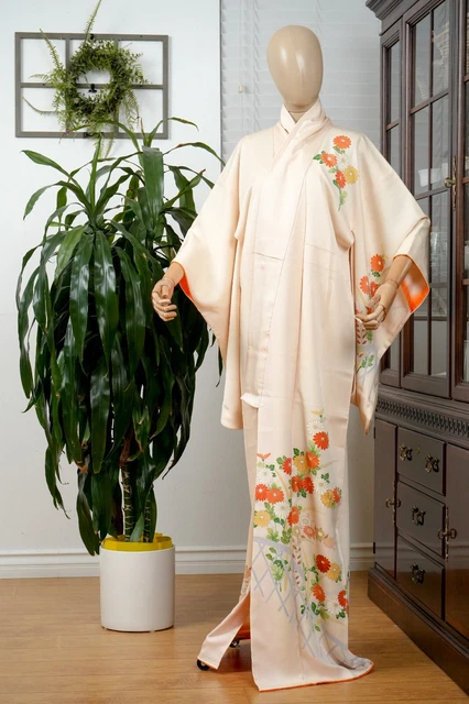 Dear Vanilla Japanese Silk Kimono Women's Robe Gown Authentic Japan Vintage Mint
