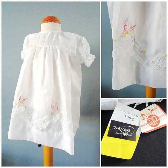 Abito vintage per bambini anni '60 bianco ricamato terilene non indossato pizzo ragazze anni '60