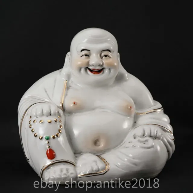 8.8" Old Chinese White Porcelain Buddhism Happy Laugh Maitreya Buddha Statue