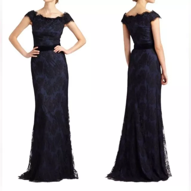 Tadashi Shoji Gown Size 10 Navy Blue Black Lace Overlay Beaded Maxi Formal Dress