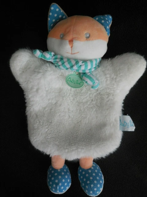 495/ doudou marionnette renard Poupi blanc bleu vert BABY NAT'
