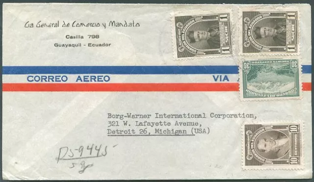 ECUADOR TO USA Registered Air Mail Cover 1947 VF