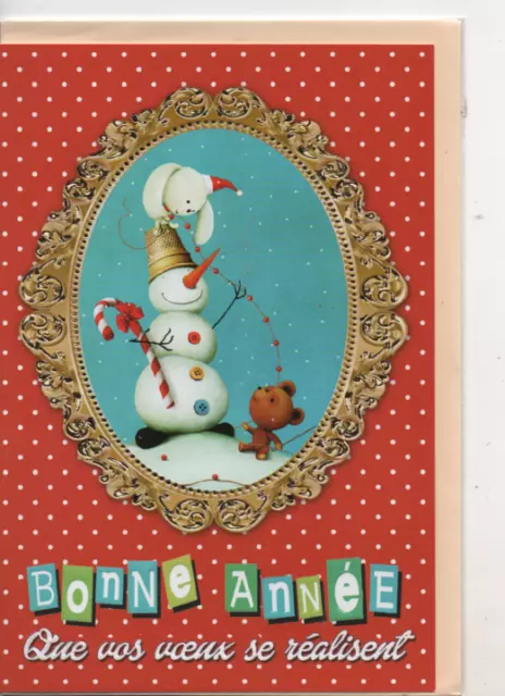 Carte Bonne Année bonhomme de neige médaillon dorure relief ..17 x 11,5 cm