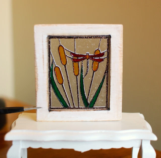 Original OOAK Mini Dollhouse Stained Glass Dragonfly / Cattails Window N Woolmer