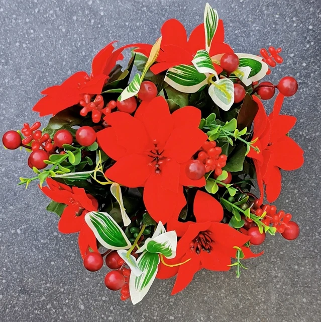 Memorial Grave - Xmas Red Poinsettia Cemetery Pot With Berries