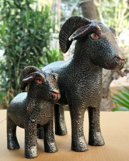 Indian Artistic Wooden Sheep Pair Indian Handmade Carved Figurine Statue set -2