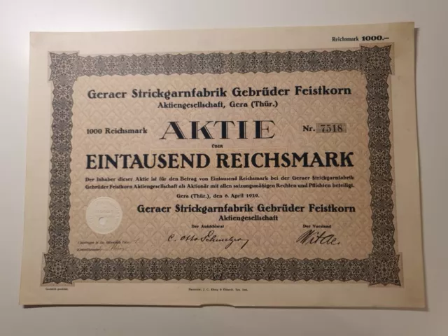 Geraer Strickgarnfabrik Gebrüder Feistkorn Aktiengesellschaft 1929