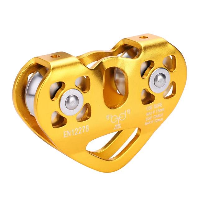 (Gold)30KN Dual Pulley Zip Line Rescue Cable Trolley Outdoor Rock Climbing E