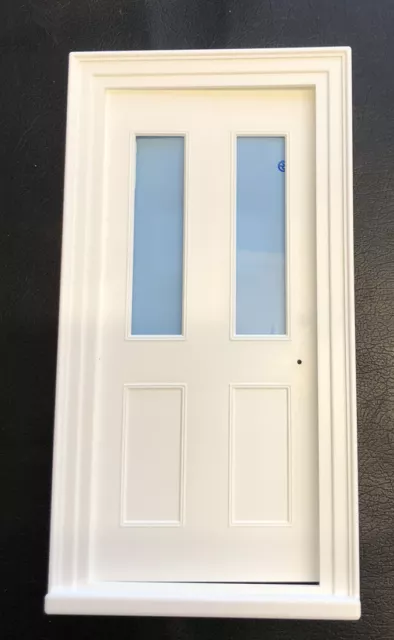 WHITE PLASTIC FRONT DOOR WITH  'GLASS'  PANELS FOR  1/12th SCALE DOLLS HOUSE