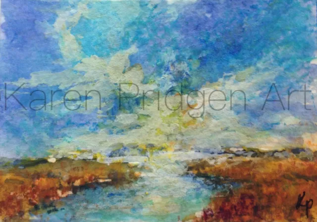 ACEO ATC Art Card Painting Print Signed Watercolor Landscape Marsh Seascape Sky