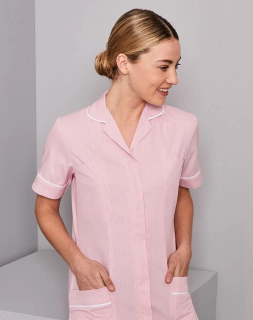 HEALTHCARE WORKWEAR DRESS UK 12 Uniform Carer Nursing Pink Stripe White