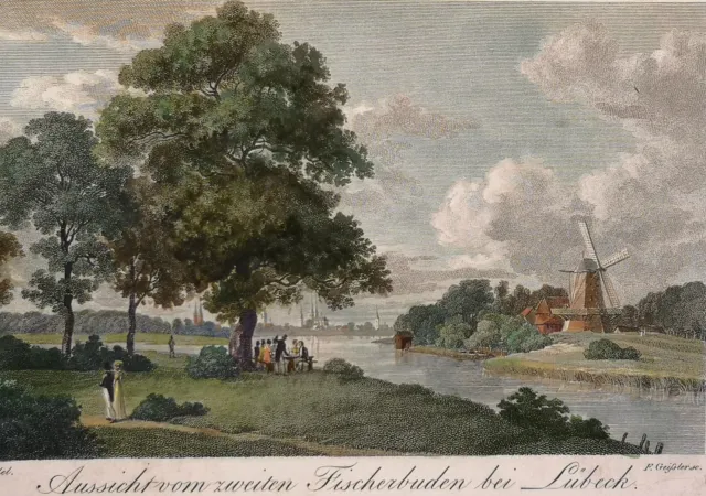Altkolor. Lithographie 1820. Aussicht vom zweiten Fischerbuden bei Lübeck. GEISS
