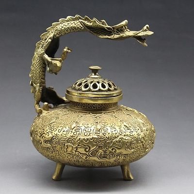 Chinese Old Handwork Tibet Bronze Carved Dragon Incense Burner NR