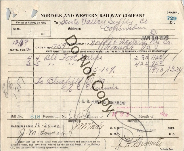 Vintage 1923 Norfolk & Western Railway Company Freight Bill BLUEFIELD WV  AC36