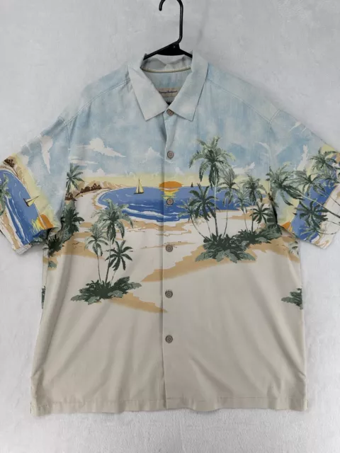 Tommy Bahama Shirt Mens XL Tropical All Over Print Sunset Palm Beach Camp Button