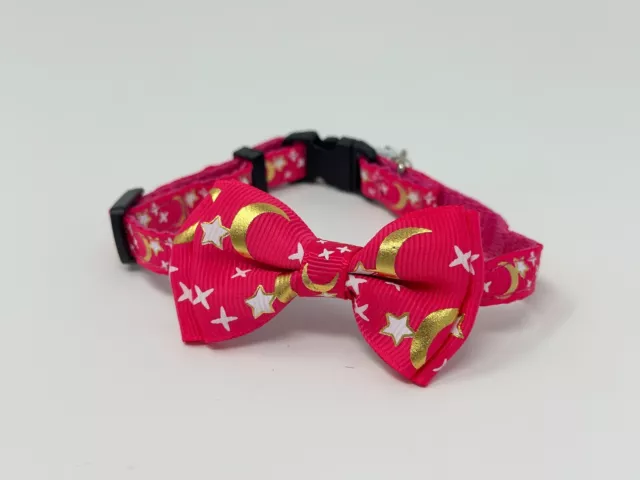 Pink Cat Collar with Bow and Bell Celestial Moon Stars Break Away