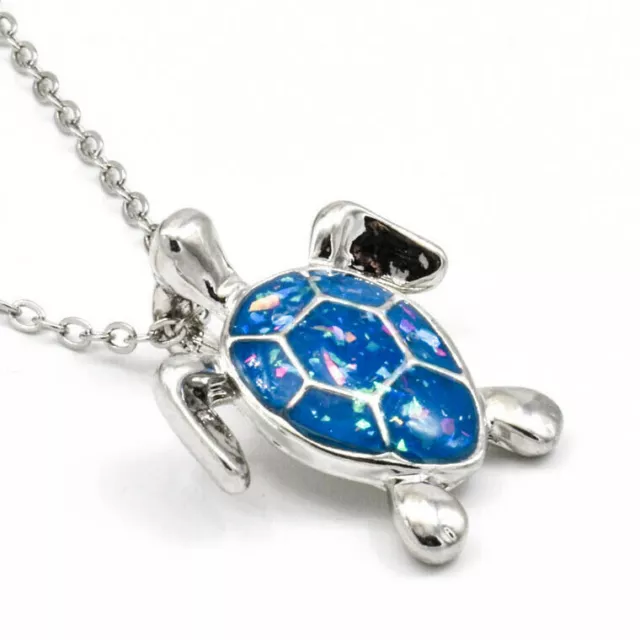 Blue Faux Opalescent Sea Turtle Pendant Necklace - Silver Tone w 18" Link Chain