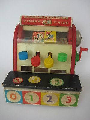 vtg 1960s Fisher Price wood CASH REGISTER toy play kitchen coin retro wooden 972