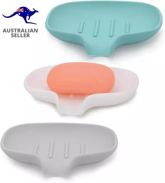 3x Silicone Soap Dish Storage Holder Soapboxs Plate Tray Drain Box Tool Bathroom