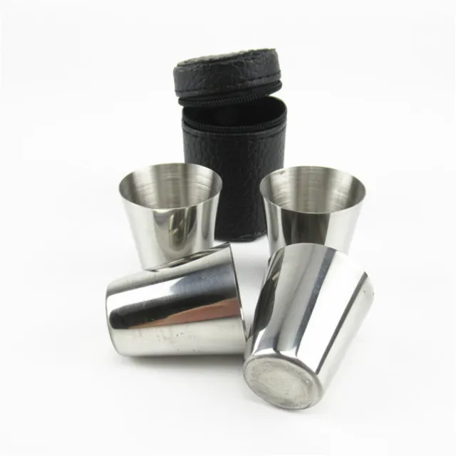 4x Camping / Travel Stainless Steel Shot Glass Set with PU Leather Case Cover 3