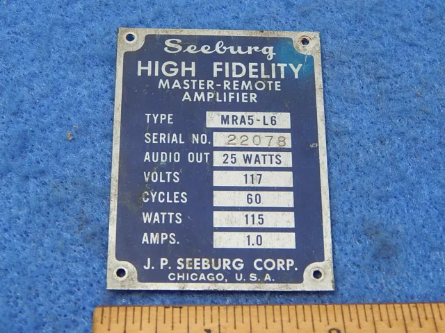 Seeburg MRA5-L6 Master Remote Amplifier # 22078 Identification Plate or ID tag