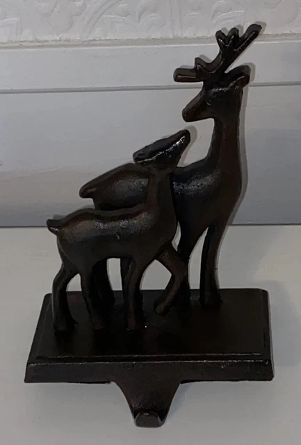 Rustic Cast Metal Reindeer Buck Doe Christmas Stocking Holder Mantle Hanger