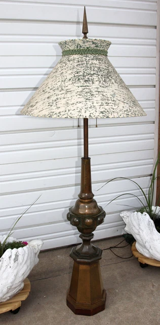 Antique Brass Widow's Walk Peak Finial Turret Easy Chair Floor Lamp w Whip Shade