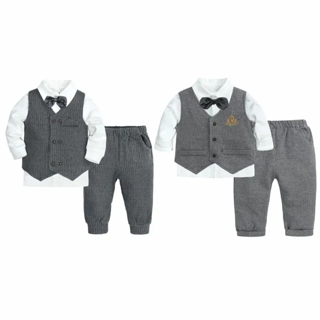 Toddler Baby Boys Gentleman Long Sleeve Shirt Tie Pants Vest Suit Grey Outfits