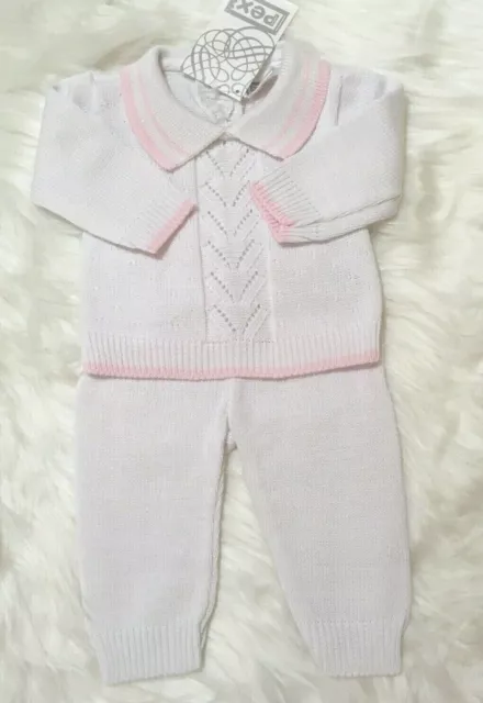 PEX Baby Girl Knitted  Top & Trousers  Cotton Pink white Spanish Style NB - 6-9m