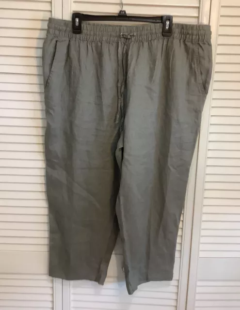 H & M 100% Linen Cropped Pants Womens XL Green Pull On Drawstring Pockets Capri
