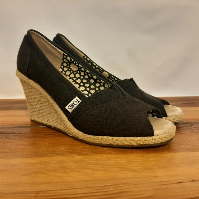 Toms Women's Black Twill Classic Wedge Sandals Cork Heel Peep Toe Shoes Size 7