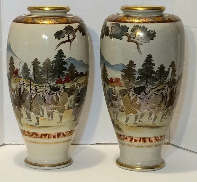 Antique 19Th C. Japanese Meiji Period 11.5" Satsuma Vases Mirror Pair