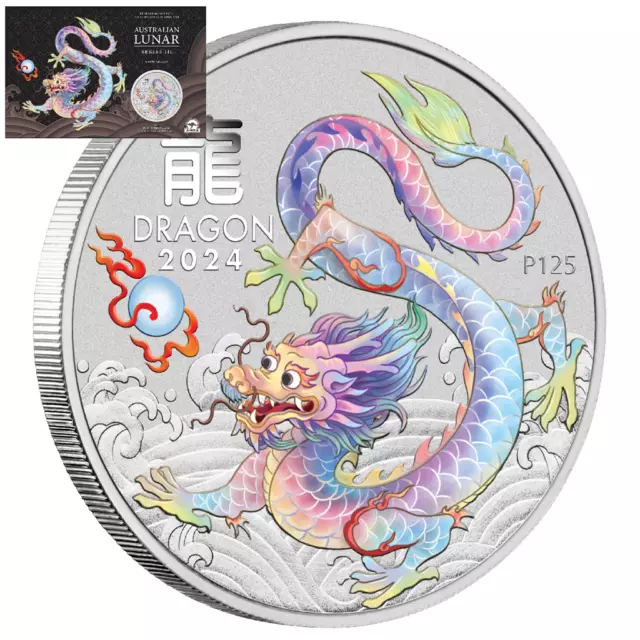 Silbermünze Jahr des Drachen White Dragon 2024 - Australien - 1 Oz ST in Farbe