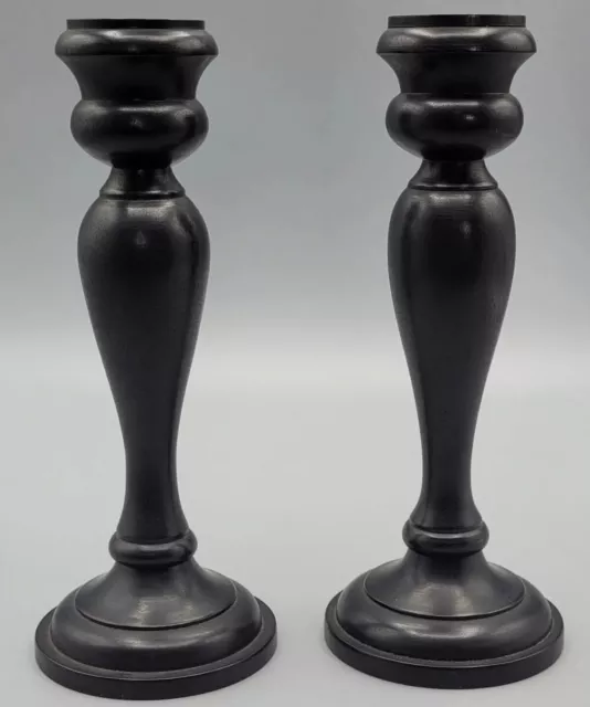 Antique Pair of Ebony Wood Candlestick Holders VGC Vintage 18cm