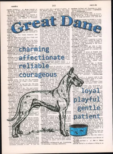 Great Dane Dog Trait Altered Art Print Decor Upcycled Vintage Dictionary Page