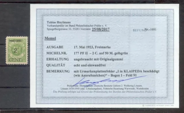 Memel 177PFII Variety MH BPP Certificate (A1913