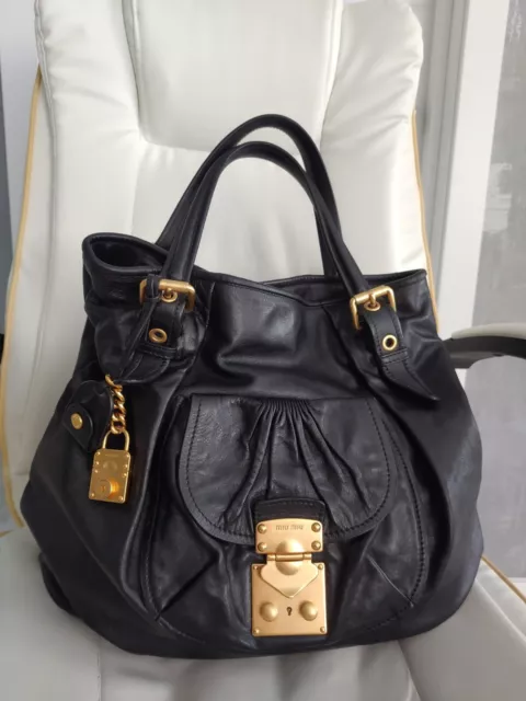 Miu Miu Vitello Lux Large Tote Black Leather Shoulder Bag Handbag Shopper Purse