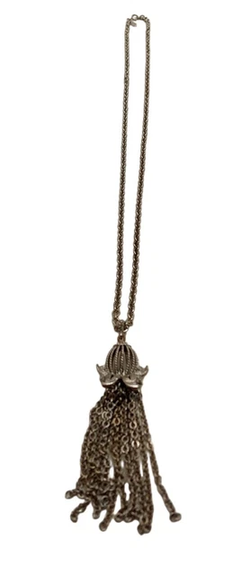Vintage Signed Monet Silver Tone 24” Chain Floral Tulip Cage Tassel Necklace