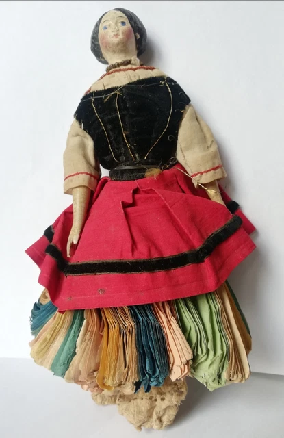 Antique Wooden Peg Doll Possibly 19thC Grodnertal with Paper Tuck Fold Skirt