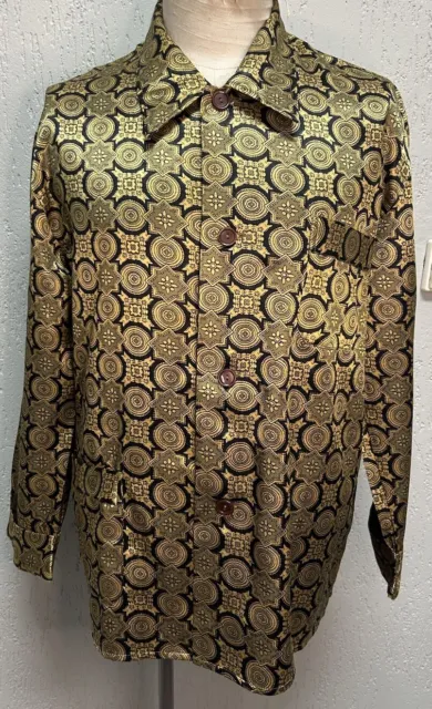1960s Men’s Yellow Golden Check Night Shirt Mod Vintage European Cotton Rayon 42